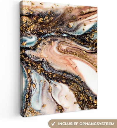 Canvas schilderij 30x40 cm - Wanddecoratie Marmerlook - Goud - Zwart - Glitter - Chic - Muurdecoratie woonkamer - Slaapkamer decoratie - Kamer accessoires - Schilderijen op canvas