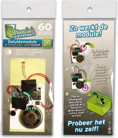 Geluidsmodule 60 sec. - geactiveerd door licht - zelf opneembaar - spreek je eigen boodschap in - simpel te verwerken