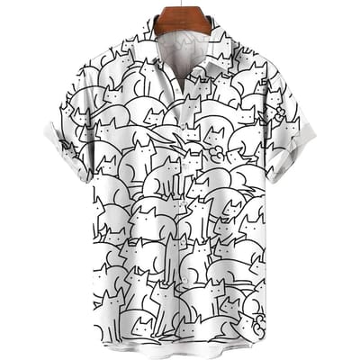 Mode Cartoon Lijn Kat Patroon 3D Print Heren Korte Mouw Shirt Dames Casual Knoophemd Top L white