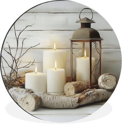 WallCircle - Wandcirkel - Muurcirkel - Stilleven - Wit - Kaarsen - Rustiek - Natuur - Aluminium - Dibond - 90x90 cm - Binnen en Buiten