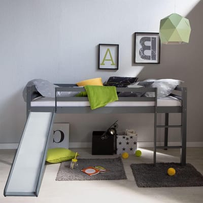 Kinderhoogslaper met Glijbaan - Speelbed Tienerbed - Spelen en Slapen - Massief Grenenhout - 90 x 200 cm - Grijs