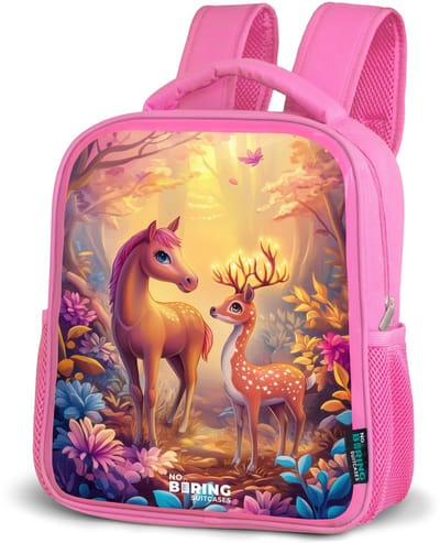 NoBoringSuitcases.com® - Rugzak roze - Schooltas meisjes - Paard en hert in een roze sprookjesbos - Kinder rugtas meisje - Boekentas kind - Kinderrugzak voor school - Schoolrugzak