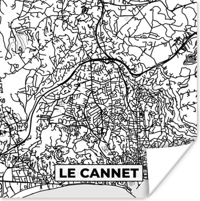 Poster Kaart – Le Cannet - Stadskaart – Frankrijk – Plattegrond - Zwart wit - 100x100 cm XXL