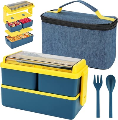 Famanu – Lunchbox met 3 compartimenten - 2-laags lekvrije bentobox met geïsoleerde zak en bestek - maaltijdbereidingscontainer voor volwassenen kinderen studenten kantoor magnetron 1400 ml