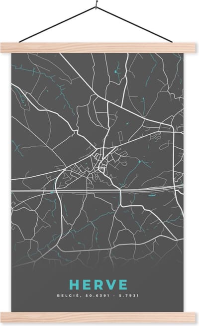 Posterhanger incl. Poster 40x60 cm - Schoolplaat - Plattegrond – Herve – Blauw – Stadskaart - Kaart - België - Textielposter - Blanke latten - Stadskaart