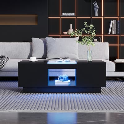 REDOM Zwarte salontafel 100x50x35,5 cm – hoogglans met glas, slimme LED‑verlichting via app, 2 lades en open middenvak