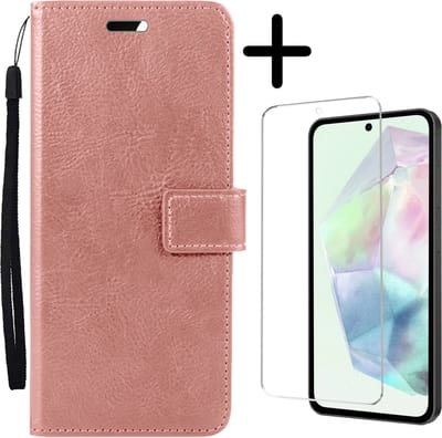 Hoesje Met Screenprotector - Geschikt voor Samsung Galaxy A35 - Luxe Pasjeshouder - Bookcase Portemonee - Flip Case - Kunstleer Book Case - Flipcase - Book Cover - Walletcase - Portemonneehoes - Rosé goud