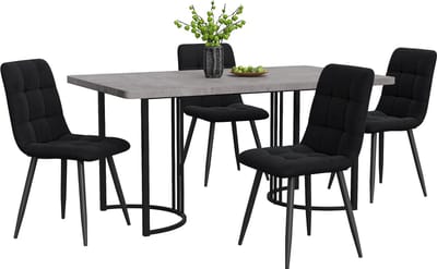 Intebiki eetkamerset - 140×80×75 eettafel met 4 stoelen - eetkamerstoelen - wit MDF – zwarte metalen poten – fluwelen – geschikt voor keuken en eetkamer - zwart
