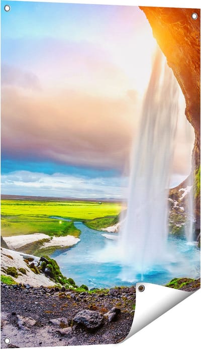Gards Tuinposter Waterval van een Klif bij Zonsondergang - 60x90 cm - Tuindoek - Tuindecoratie - Wanddecoratie buiten - Tuinschilderij