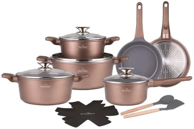 Swiss Haus® BP3014CO Pannenset Inductie - 14 Delige Pannensets - PFAS Vrij - Set Met Koekenpannen, Kookpotten & Steelpan - Pannen Voor Alle Warmtebronnen - Pan met Sapphire™ Antiaanbaklaag - Koper