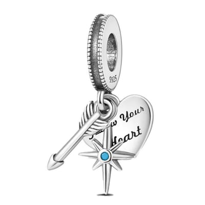 Fler® | Bedel | Past op populaire bedelarmbanden (standaard - 3mm) | Pijl, Ster en "Follow Your Heart" Bedel | Volg je hart Charm | 925 sterling zilver | Blauwe emaille | | Armband Kraal | Valentijnsdag Cadeau | Sinterklaas kado | Kerstcadeau