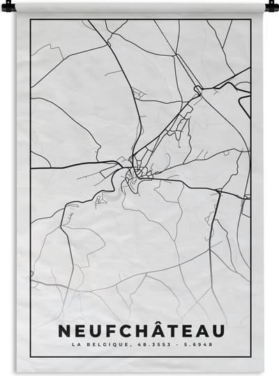 Wandkleed - Wanddoek - Plattegrond – Neufchâteau – Zwart Wit – Stadskaart - Kaart - België - 120x180 cm - Wandtapijt