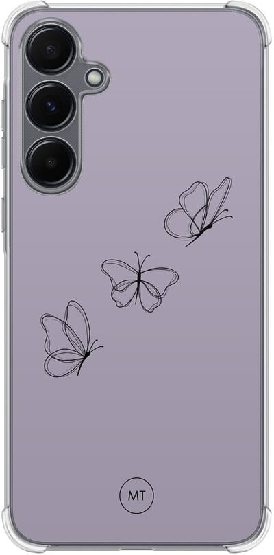 Hoesje (shockproof) geschikt voor Samsung Galaxy A15 - Vlindertjes - Extra sterke case - TPU/polycarbonaat - Print - Paars, Transparant