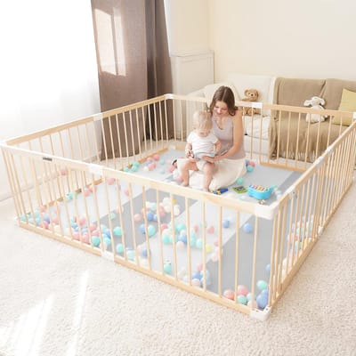 Houten Grondbox Baby & Extra Dikke Speelmat - 160x180 cm - Stabiele, Ongelakte Babybox met Deurtje - Eenvoudige Montage & Demontage (10 min)
