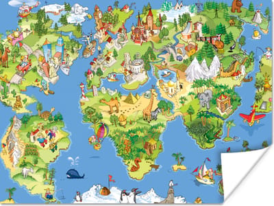 Poster kinderen - Kinderkamer decoratie - Wereldkaart - Kinderen - Natuur - Dieren - Blauw - Groen - Kinder decoratie - 40x30 cm - Poster kinderkamer