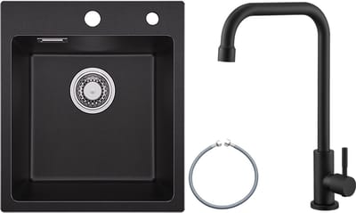SOFETIY MAX Granieten spoelbakken 40*45cm - Spoelbak Keuken Met Koudwaterkraan - Gootsteen Met Waterafvoersysteem - Wasbak Keuken - Zwart