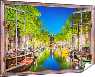Gards Tuinposter Doorkijk Amsterdamse Gracht in de Nacht - 180x120 cm - Tuindoek - Tuindecoratie - Wanddecoratie buiten - Tuinschilderij