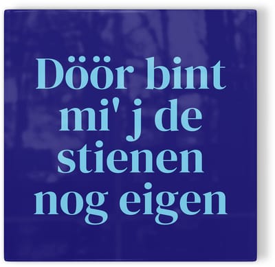 Tegeltje Zwolle Döör bint mi' j de stienen nog eigen - donkerblauw lichtblauw - tegeltje stad - tegeltje met tekst