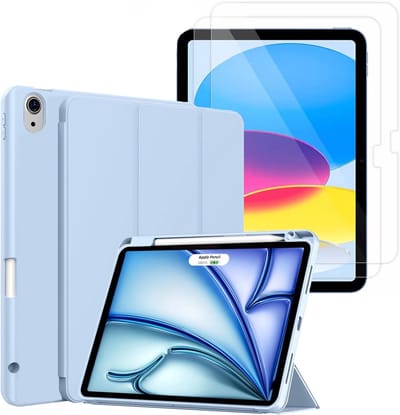 Hoes en Glas Geschikt voor Apple iPad Air 11 inch (2026, M4/2025, M3/2024, M2) - Licht Blauw - Casemania Tri Fold Tablet Case met Penhouder - Beschermhoes Smart Cover - 1x Glazen Screenprotector