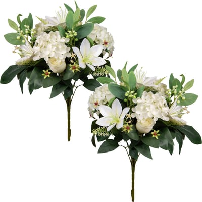 Louis Maes Kunstbloemen boeket roos/hortensia/lelie - 2x - creme/wit - H39 cm - Bloemstuk - Bladgroen