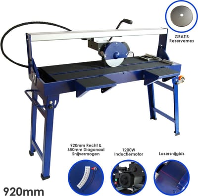 Tegelzaagmachine Tafel - 920 mm Snijlengte Snijhoek: 0-45° - Nat / Waterkoeling + Lasergeleiders - Inclusief Extra Diamantzaagblag - 1200W T-Mech