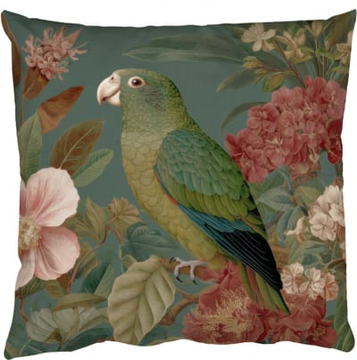 Sierkussens - Kussentjes Woonkamer - 50x50 cm - Groene papegaai - Kleurrijke bloemen - Donkere achtergrond