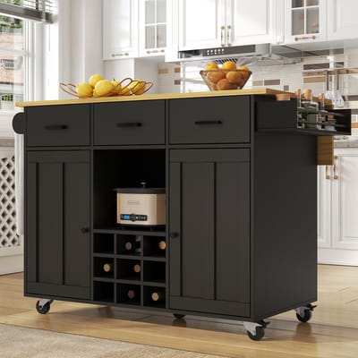 HAUSS SPOLE Keukentrolley – Uitklapbare Eettafelplaat 65 Cm – 3 Lades 2 Deuren – Kruidenrek En Handdoekhouder – MDF – 104x39.5x91.5 Cm – Zwart