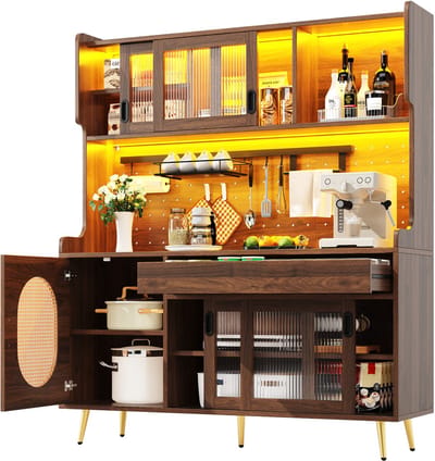 Buffetkast - 145 x 39 x 171 cm - Landelijke Stijl - 5 Deuren met LED en Ordningsplank - Hout - Bruin