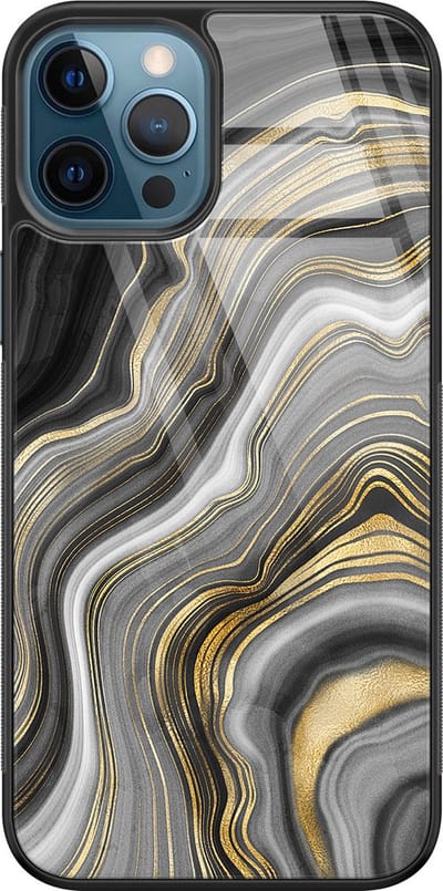 Hoesje geschikt voor iPhone 12 - Marble agate - Luxe Glazen Hardcase - Marmer - Goud - Leuke Telefoonhoesjes
