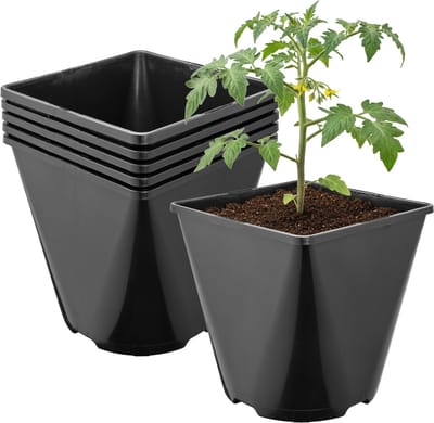 Garronda Set van 5 afgeronde vierkante kunststof bloempotten met drainagegaten voor tuin (Zwart, 15,7 x 15,7 x 16 cm (3L)) GD-KW-SR