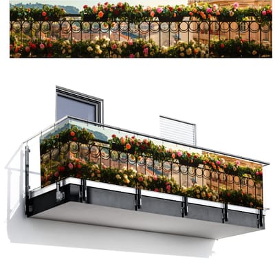 Balkonscherm 500x110 cm - Balkonposter Bloemen - Hek - Stadszicht - Zomer - Balkon scherm decoratie - Balkonschermen - Balkondoek zonnescherm