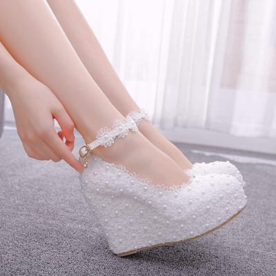 Witte Kant Bruidsschoenen Wedge Schoenen Enkelbandje Wedge Schoenen Waterdicht Platform Grote Maat Schoenen voor Dames 39 white