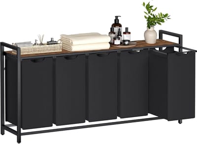 VASAGLE Wasmand met 5 compartimenten, wasmand voor vuile was, 5 uitneembare Oxford stoffen zakken, plank, metalen frame, 5 x 40 L, 143,5 x 33 x 72 cm, inktzwart en rustiek bruin BLH501B01