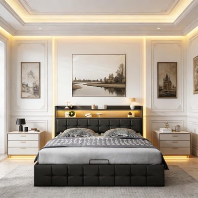 Tweepersoons Bed - Luxe Bedframe - Slaapkamer Inrichting - Geïntegreerde Opbergruimte - 140x200 cm - Zwart