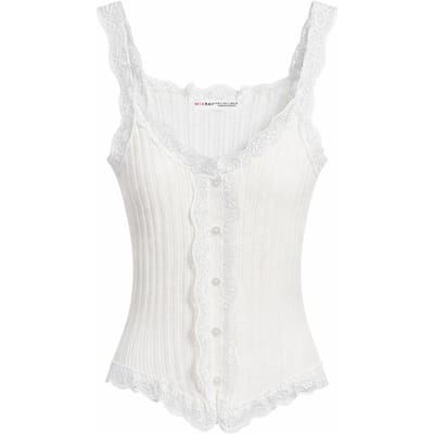 Aansluitende mouwloze kanten ribblouse met knopen