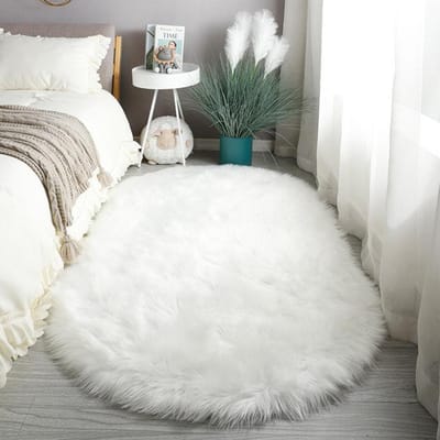 Tapis ovales en fausse laine, peluche douce et moelleuse, en fausse peau de mouton, pour chambre de fille, décoration de chevet de la maison, en fourrure blanche 60x120cm 23x47inch