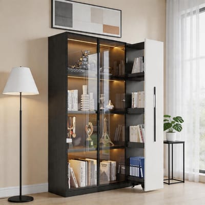 KOMHTOM - Multifunctionele kast - Vitrinekast met glazen deur en LED - Uitschuifbare zijladen en rolkast - Ontwerp in wit en zwart - Afmetingen: 110,5×35×160 cm