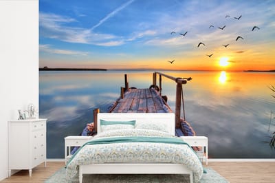Behang - Fotobehang Water - Steiger - Vogels - Zonsondergang - Horizon - Breedte 360 cm x hoogte 240 cm