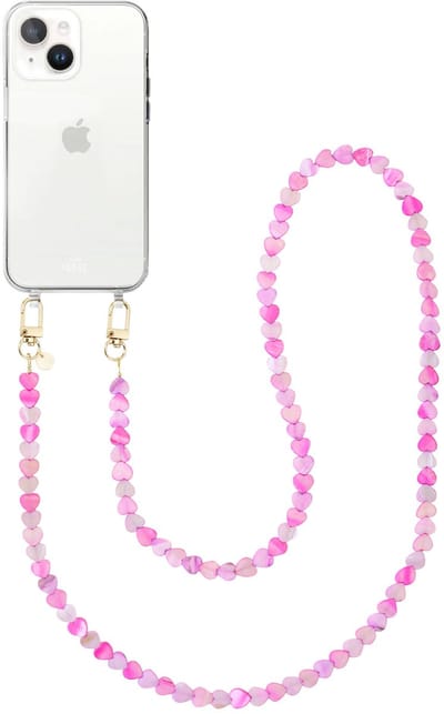 xoxo Wildhearts siliconen hoesje - Geschikt voor iPhone 15 Plus hoesje - Shell Hearts (long) - Telefoonhoesje - Hoesje met koord - gekleurde hartjes - Lang koord - Transparant hoesje met telefoonkoord - Roze & Paars