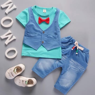 Peuter Baby Jongens Outfits Korte Mouw T-shirt+Broek Gentleman Kleding Set M blue