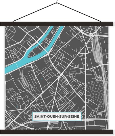 Posterhanger incl. Poster 60x60 cm - Schoolplaat - Frankrijk - Plattegrond - Kaart - Stadskaart - Saint-Ouen-sur-Seine - Textielposter - Zwarte latten - Stadskaart