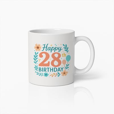 Gelukkige 28e Verjaardag Mok - Bloemenontwerp Viering Koffiekop - Perfect Cadeau voor Verjaardagswensen