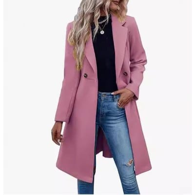 Lange wollen damesjas voor herfst en winter met taille vetersluiting en double-breasted jas XL pink