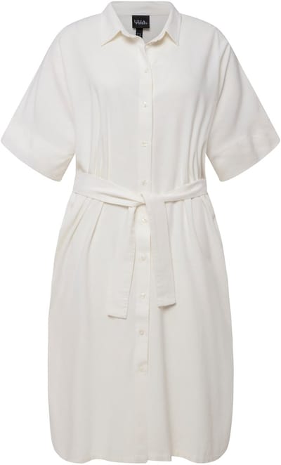 Ulla Popken - Dames - midi jurk linnenmix overhemdkraag riem korte mouwen - Off-white - Maat 46+