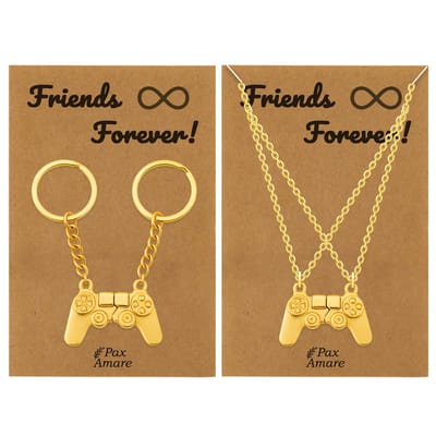 BFF Ketting + Sleutelhanger voor 2 ' Friends Forever' - Controller - Bundel op Cadeau Kaartje - Goudkleurig - Vriendschap Symbool - Pax Amare