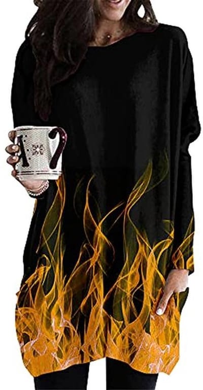 Dames T-shirt met Lange Mouwen, 3D Vlam Print - Casual Oversize Ronde Hals Top voor Herfst en Winter