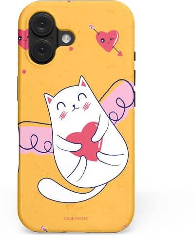 Casetastic hoesje geschikt voor Apple iPhone 16 - MagSafe - Dubbellaagse bescherming - Kattenflirt Geel Rode Hartjes Liefde - Fashion Case - Goud Wit
