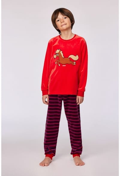 Woody pyjama jongens velours - rood - pony - 252-10-PLC-V/489 - maat 152