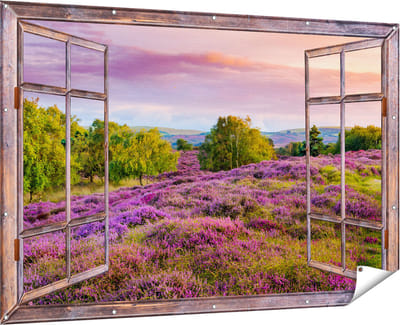 Gards Tuinposter Doorkijk Paarse Weide - 180x120 cm - Tuindoek - Tuindecoratie - Wanddecoratie buiten - Tuinschilderij