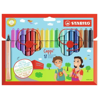 STABILO Cappi - Viltstift - Nooit Meer Je Dop Kwijt Dankzij De Dopring - Etui Met 18 Kleuren + 2 Dopringen